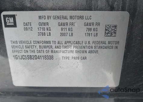 2013 Chevrolet Sonic Lt Auto z USA, uszkodzony, nr VIN 1G1JC5SB2D4118338